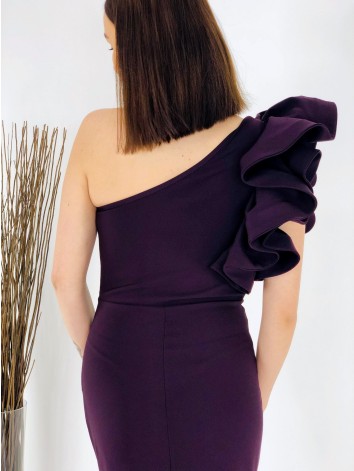 Exkluzívne dámske dlhé spoločenské šaty s volánom - fialové