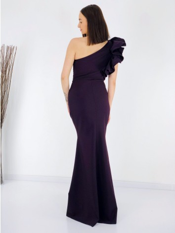 Exkluzívne dámske dlhé spoločenské šaty s volánom - fialové