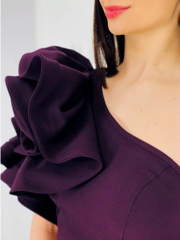 Exkluzívne dámske dlhé spoločenské šaty s volánom - fialové