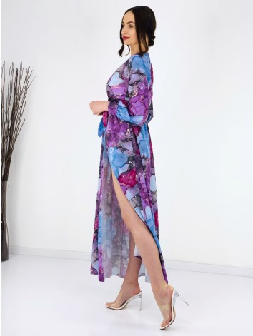 Dámske dlhé mramorové šaty s opaskom a razporkom