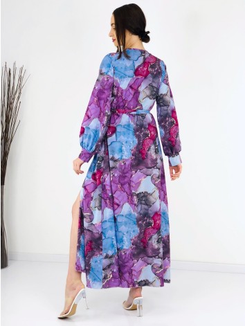 Dámske dlhé mramorové šaty s opaskom a razporkom