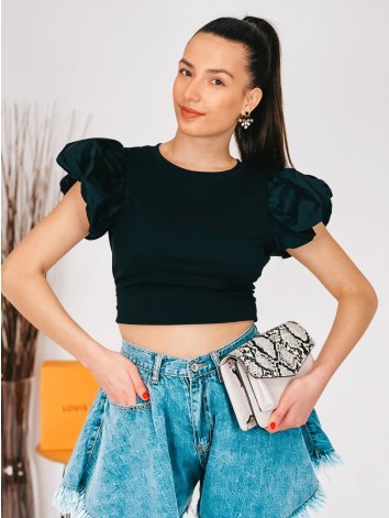 Dámsky čierny crop top s balonovými rukávmi a holým chrbtom