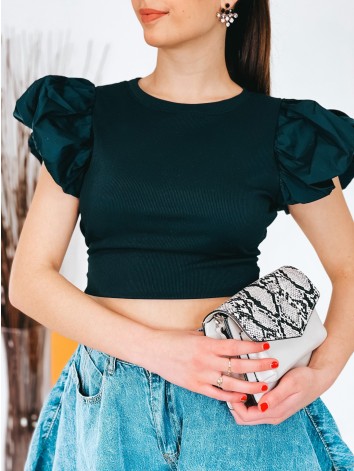 Dámsky čierny crop top s balonovými rukávmi a holým chrbtom