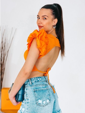Dámsky oranžový crop top s balonovými rukávmi a holým chrbtom