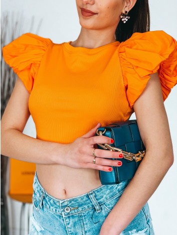 Dámsky oranžový crop top s balonovými rukávmi a holým chrbtom