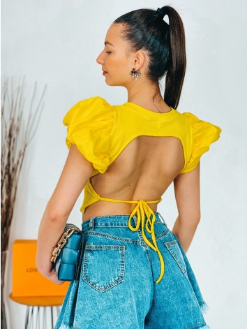 Dámsky žltý crop top s balonovými rukávmi a holým chrbtom