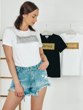 Dámske bielo-zlaté tričko s kamienkami VINTAGE