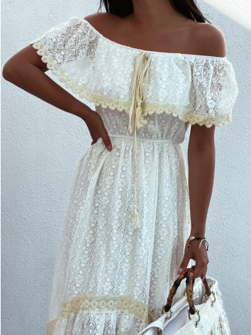 Dámske dlhé čipkované šaty na ramená - biele