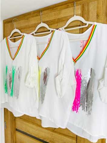 Dámska oversize blúzka s trojštvrťovými rukávmi - bielo-ružová