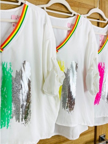 Dámska oversize blúzka s trojštvrťovými rukávmi - bielo-ružová