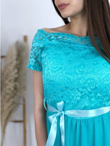 Dámske čipkované spoločenské šaty s opaskom na ramená - tyrkysové