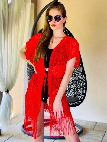 Dámske čipkované kimono s viazaním v páse - červené