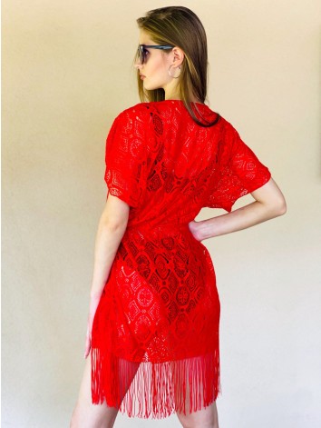 Dámske čipkované kimono s viazaním v páse - červené