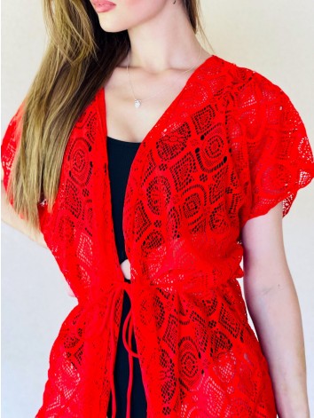 Dámske čipkované kimono s viazaním v páse - červené