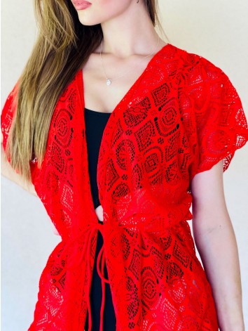 Dámske čipkované kimono s viazaním v páse - červené