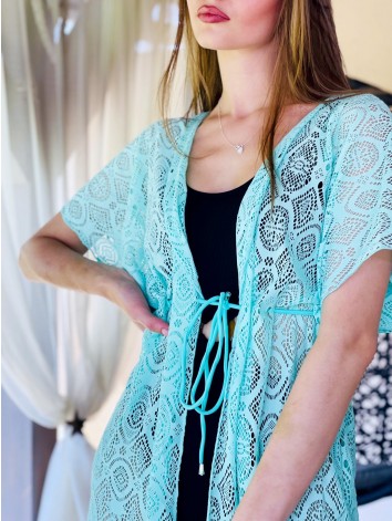 Dámske čipkované kimono s viazaním v páse - tyrkysové