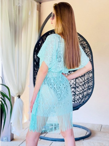 Dámske čipkované kimono s viazaním v páse - tyrkysové