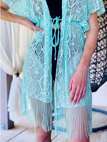 Dámske čipkované kimono s viazaním v páse - tyrkysové