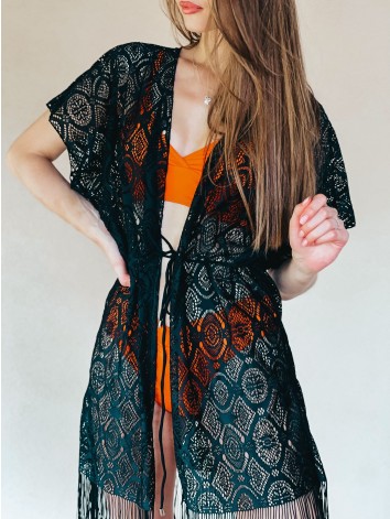 Dámske čipkované kimono s viazaním v páse - čierne