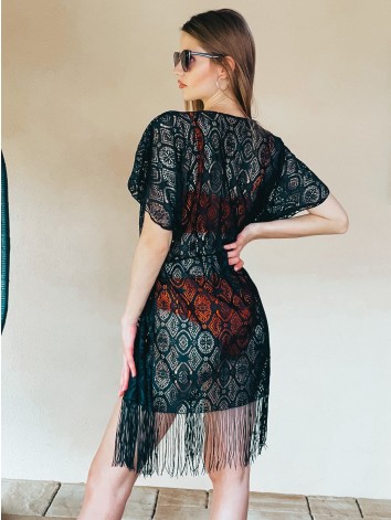 Dámske čipkované kimono s viazaním v páse - čierne
