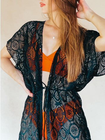 Dámske čipkované kimono s viazaním v páse - čierne