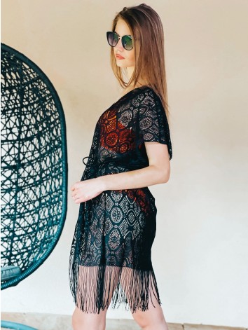 Dámske čipkované kimono s viazaním v páse - čierne