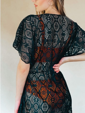 Dámske čipkované kimono s viazaním v páse - čierne