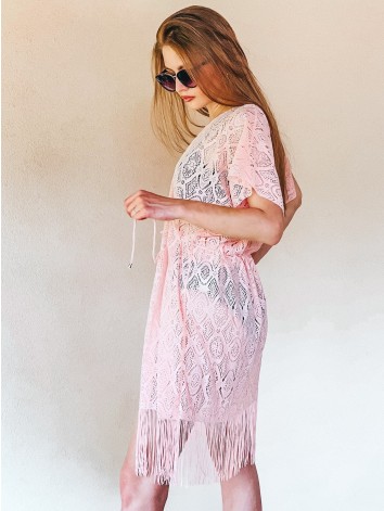 Dámske čipkované kimono s viazaním v páse - ružové