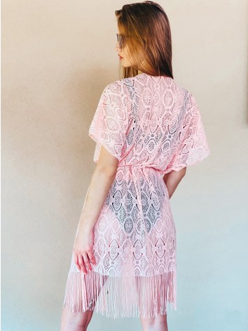 Dámske čipkované kimono s viazaním v páse - ružové