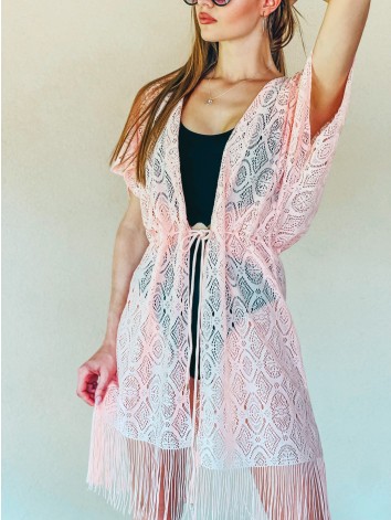 Dámske čipkované kimono s viazaním v páse - ružové