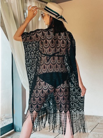 Dámske oversize kimono s viazaním v páse - čierne