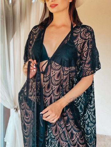 Dámske oversize kimono s viazaním v páse - čierne