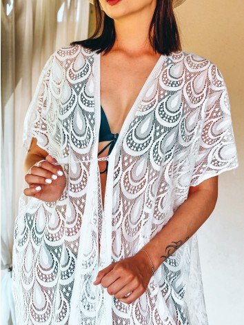 Dámske oversize kimono s viazaním v páse - biele
