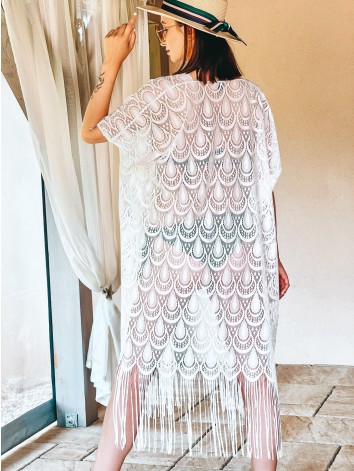 Dámske oversize kimono s viazaním v páse - biele