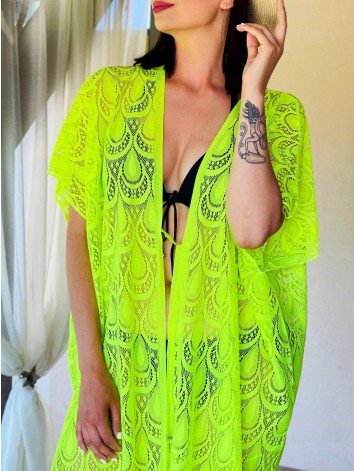 Dámske oversize kimono s viazaním v páse - neónovo zelené