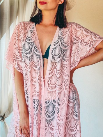 Dámske oversize kimono s viazaním v páse - svetlo ružové