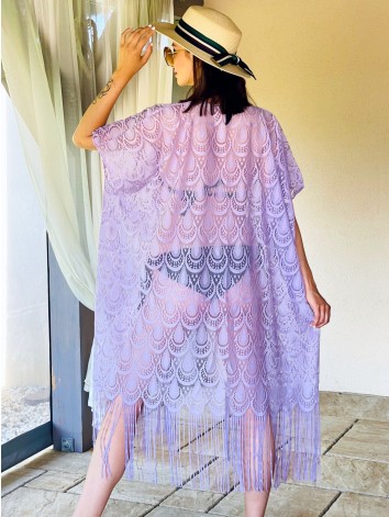 Dámske oversize kimono s viazaním v páse - fialové