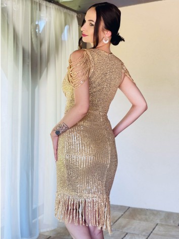Dámske trblietavé spoločenské šaty so strapcami - zlaté