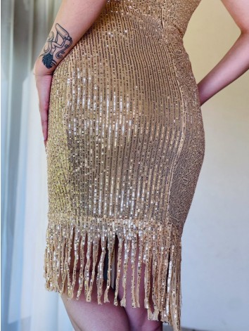 Dámske trblietavé spoločenské šaty so strapcami - zlaté