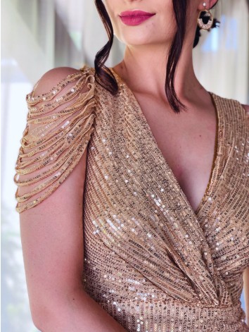 Dámske trblietavé spoločenské šaty so strapcami - zlaté