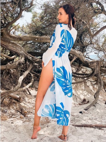 Dámske dlhé exkluzívne kimono s opaskom - bielo modré