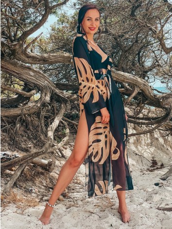 Dámske dlhé exkluzívne kimono s opaskom - čierne