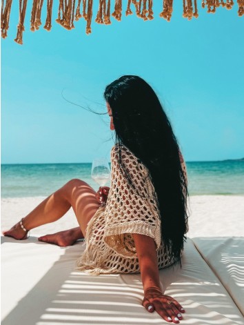 Dámske háčkované kimono so strapcami - béžové