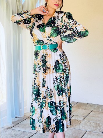 Dámske spoločenské šaty s opaskom a plisovanou sukňou - mix