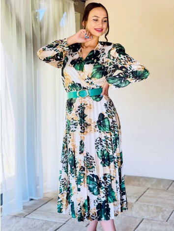 Dámske spoločenské šaty s opaskom a plisovanou sukňou - mix