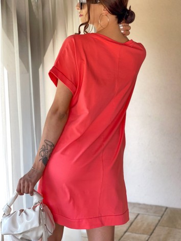 Dámske tričkové šaty s razporkom SL - korálové