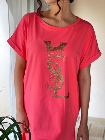 Dámske tričkové šaty s razporkom SL - korálové