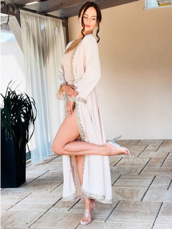 Dámske exkluzívne dlhé kimono s opaskom - béžové