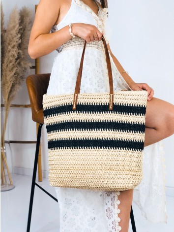 Dámska pruhovaná slamená kabelka - béžová