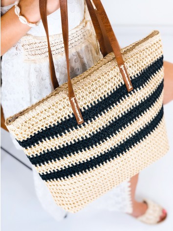 Dámska pruhovaná slamená kabelka - béžová
